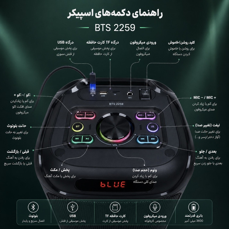 اسپیکر بلوتوثی قابل حمل برودو مدل BTS 2259
